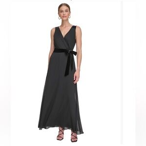 NWOT DKNY black faux wrap belted sleevless gown. Size 12.